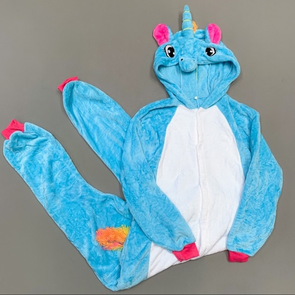 Plush blue rainbow unicorn onsie pj pajamas, M. - Picture 1 of 6